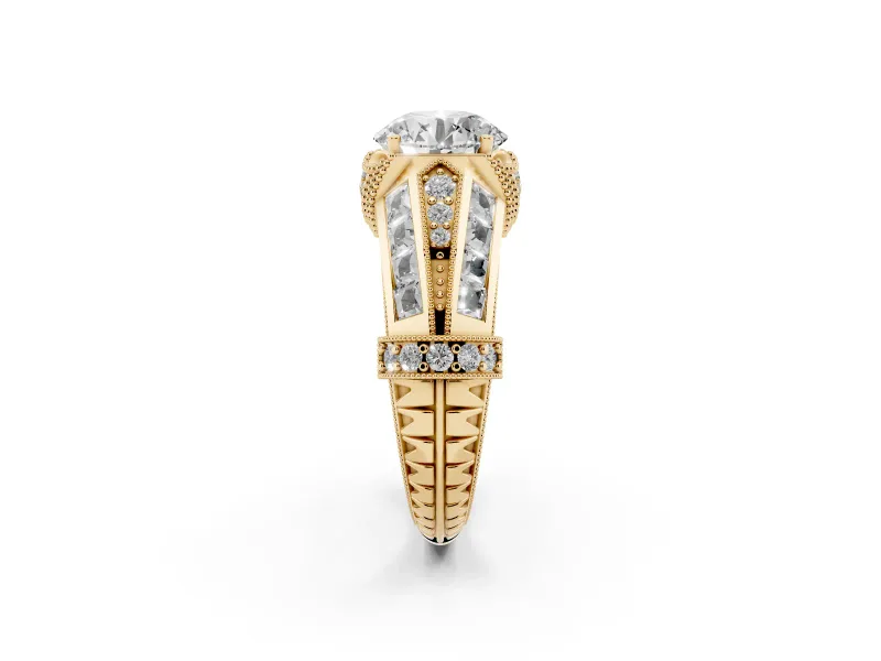 Round Vintage Milgrain Hidden Halo Engagement Ring Setting | Channel-Set Shoulders | Yellow Gold