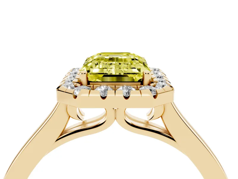 Fancy Yellow Emerald Cut Halo Round Diamond Solitaire Ring Set in Yellow gold with Pavé Band and Prong Setting