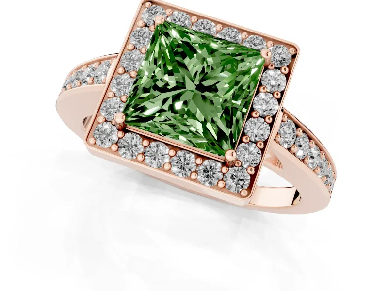 Fancy Green Princess Cut Diamond Halo Pavé Engagement Ring Set in Rose gold with Bezel Setting