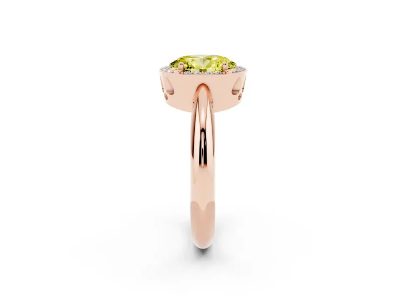 Fancy Yellow Oval Cut Diamond Halo Engagement Ring Set in Rose gold with Plain Split Shank and Prong Setting