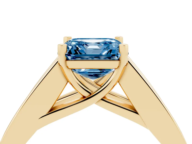 Fancy Blue Asscher Cut Diamond Solitaire Ring Set in Yellow gold with Channel-Set Accent Stones and Prong Setting