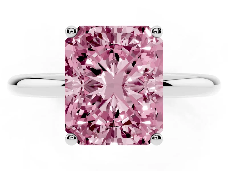 Fancy Pink Radiant Cut Diamond Solitaire Engagement Ring Set in Platinum with Prong Setting and Polished Band