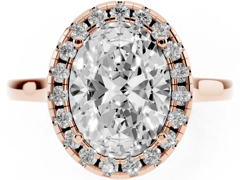Oval Cut Halo Round Diamond Solitaire Ring Set in Rose gold with Pavé Band and Prong Setting