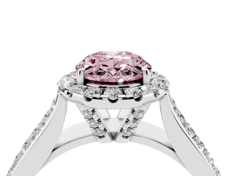 Fancy Pink Oval Cut Diamond Halo Ring Set in Silver with Pavé Band and Raised Center Setting