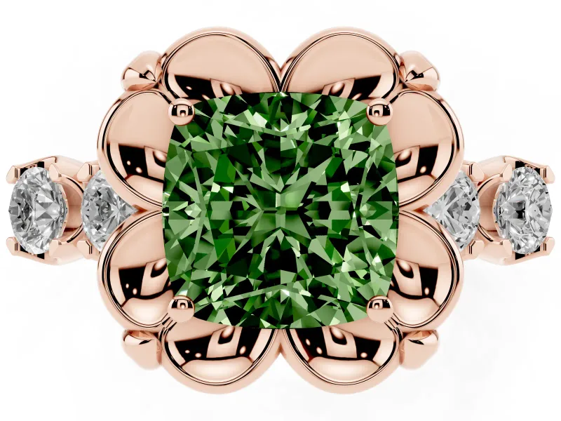 Cushion Cut Floral Engagement Ring Setting for a Fancy Green Lab-Grown Diamond | Petal Frame and Side Stones | Rose Gold