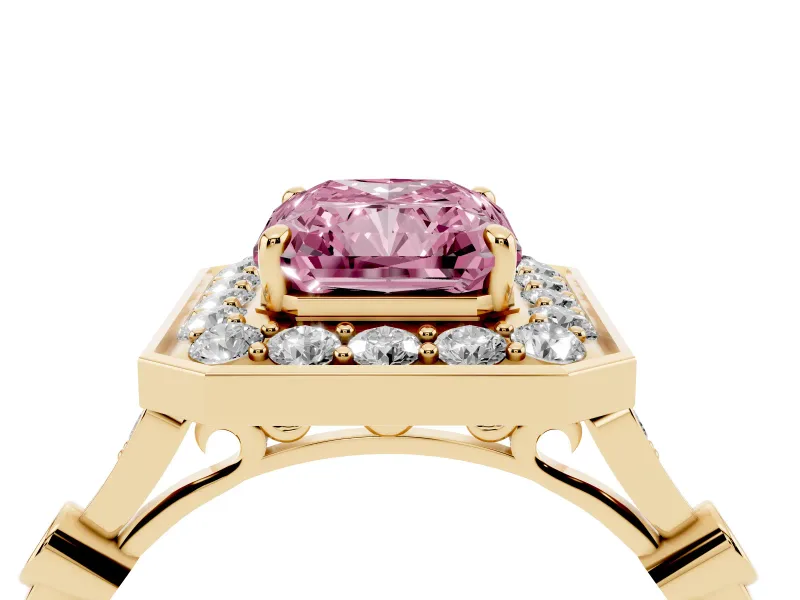 Radiant Cut Halo Engagement Ring Setting for a Fancy Pink Lab-Grown Diamond | Bezel Station Shoulders | Yellow Gold