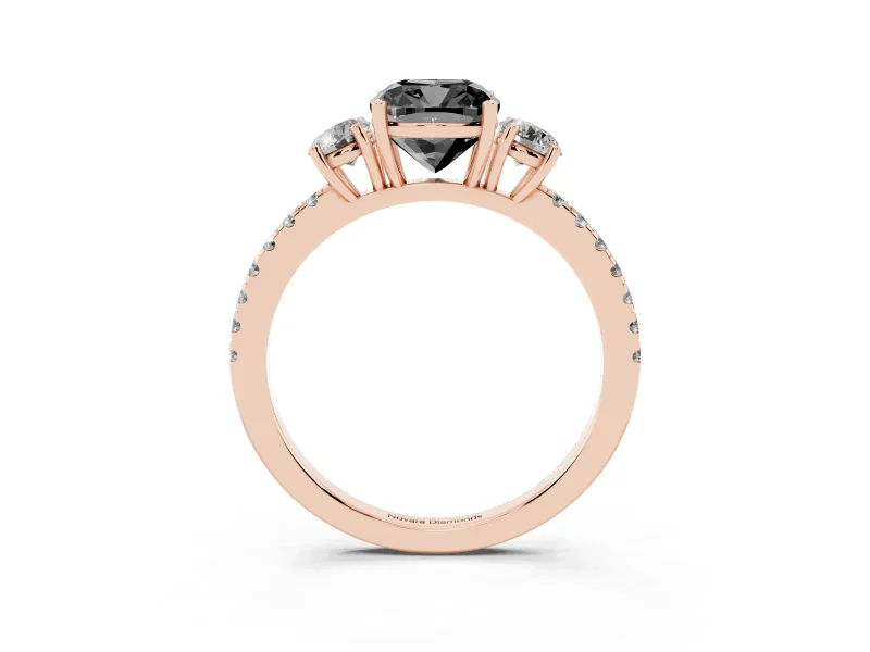 Cushion Cut Three Stone Engagement Ring Setting for a Black Center | Pavé Shoulders | Rose Gold