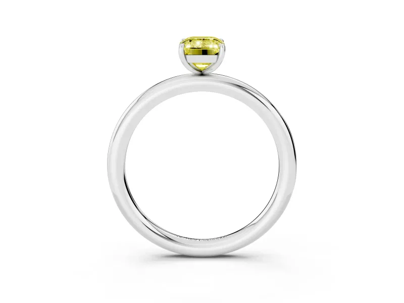 Fancy Yellow Emerald Cut Diamond Solitaire Ring Set in White gold with Prong Setting on a Polished Plain Band