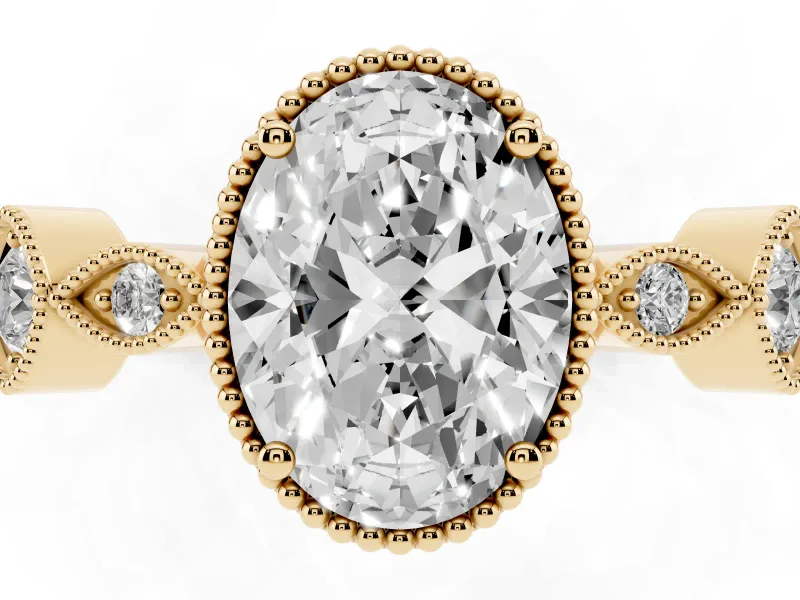 Oval Vintage Milgrain Engagement Ring Setting | Marquise and Square Stations | Yellow Gold
