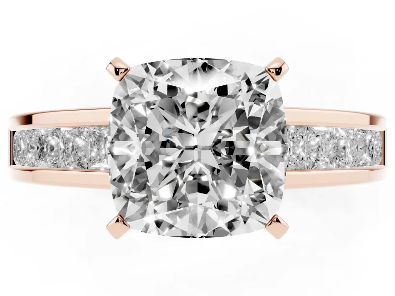 Cushion Cut Channel Set Engagement Ring Setting | Princess Cut Accents | Rose Gold