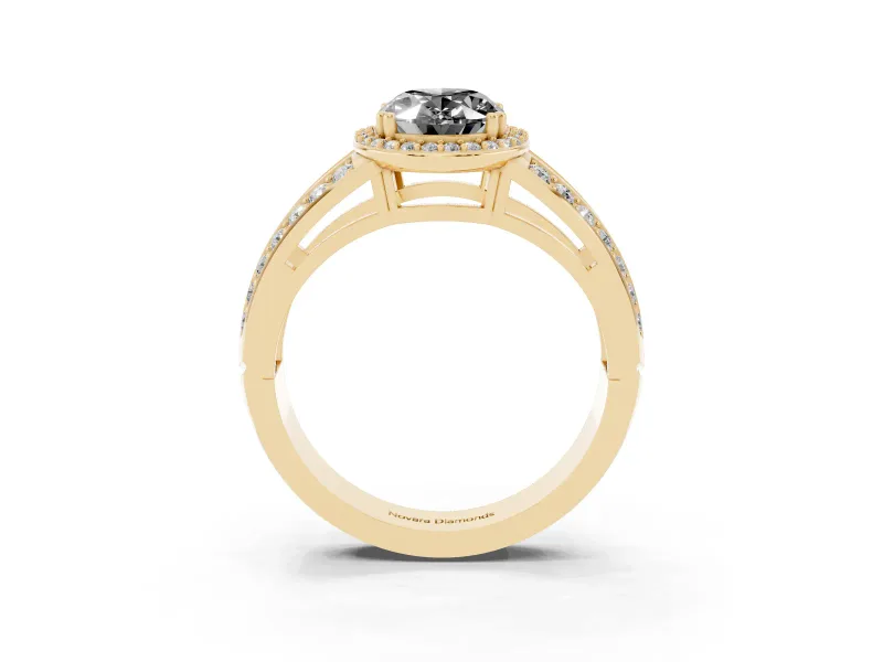 Fancy Black Oval Cut Diamond Halo Ring Set in Yellow gold with Double Pavé Split Shank
