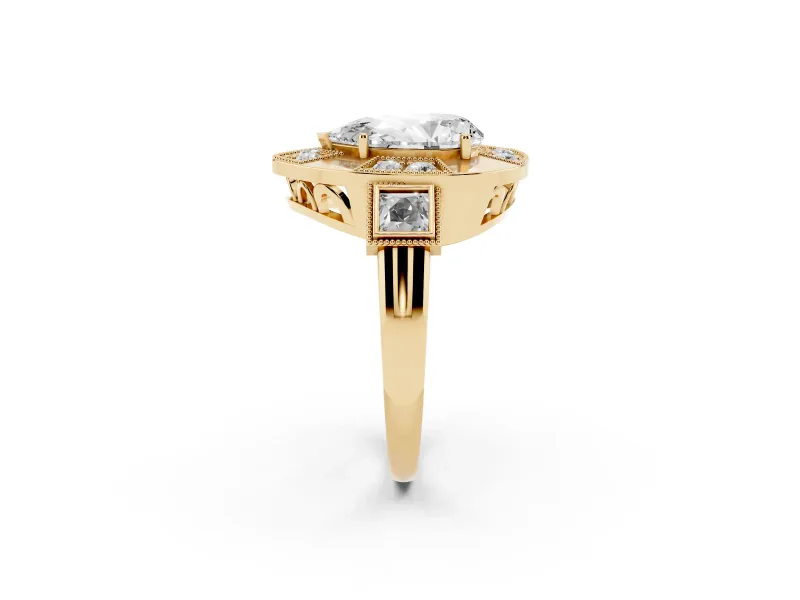 Pear-Shaped Milgrain Sectioned Halo Engagement Ring Setting | Square-Framed Sides | Yellow Gold