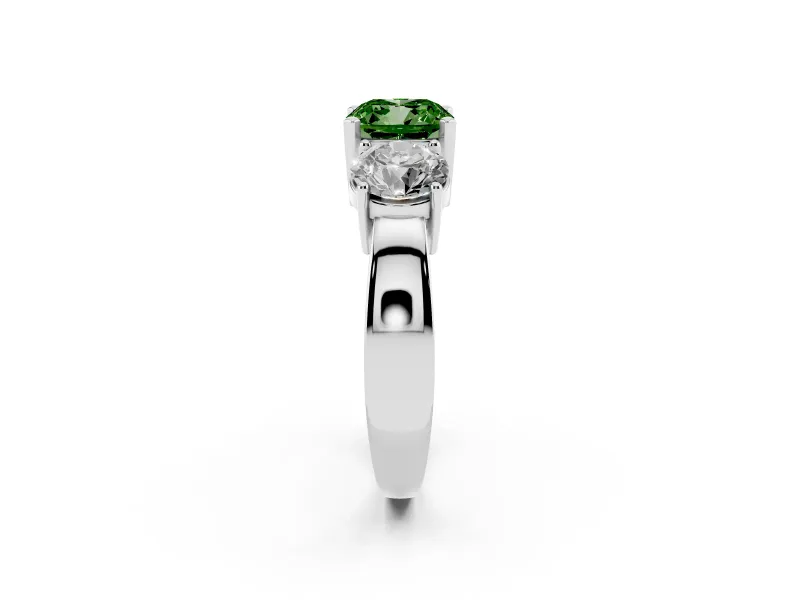 Cushion Cut Three Stone Engagement Ring Setting for a Fancy Green Lab-Grown Diamond | Wide Plain Band | White Gold