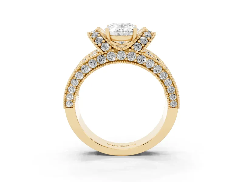 Oval Vintage Milgrain Pave Engagement Ring Setting | Crescent Side Rows | Yellow Gold