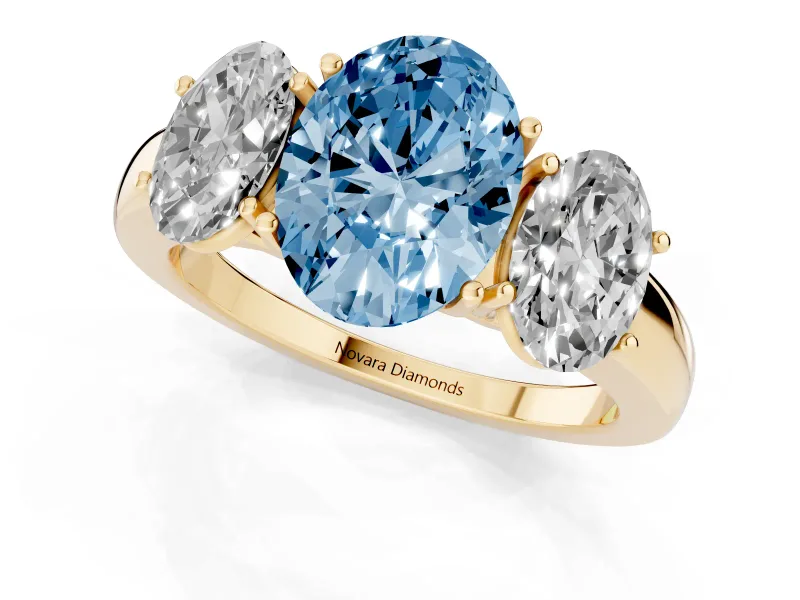 Oval Three Stone Engagement Ring Setting for a Fancy Blue Lab-Grown Diamond | Matching Side Stones | Yellow Gold