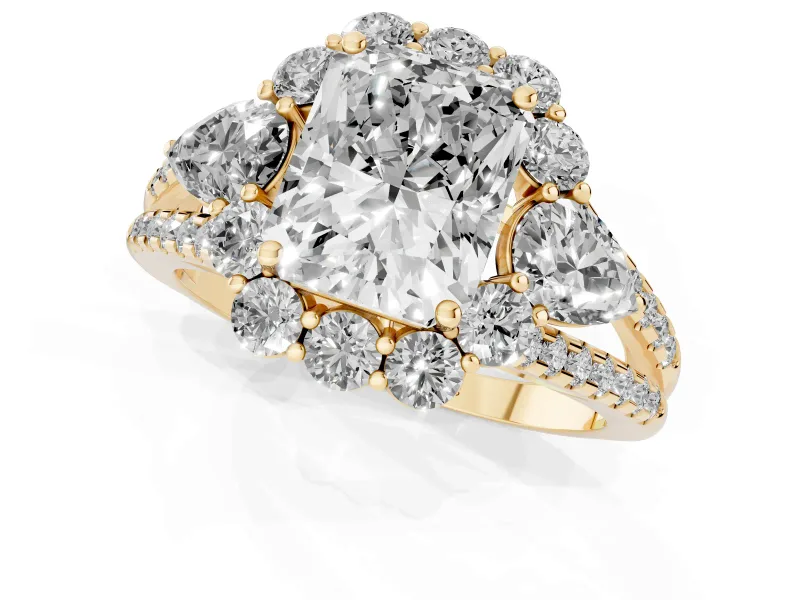 Radiant Cut Scalloped Halo Engagement Ring Setting | Pear Side Stones | Yellow Gold