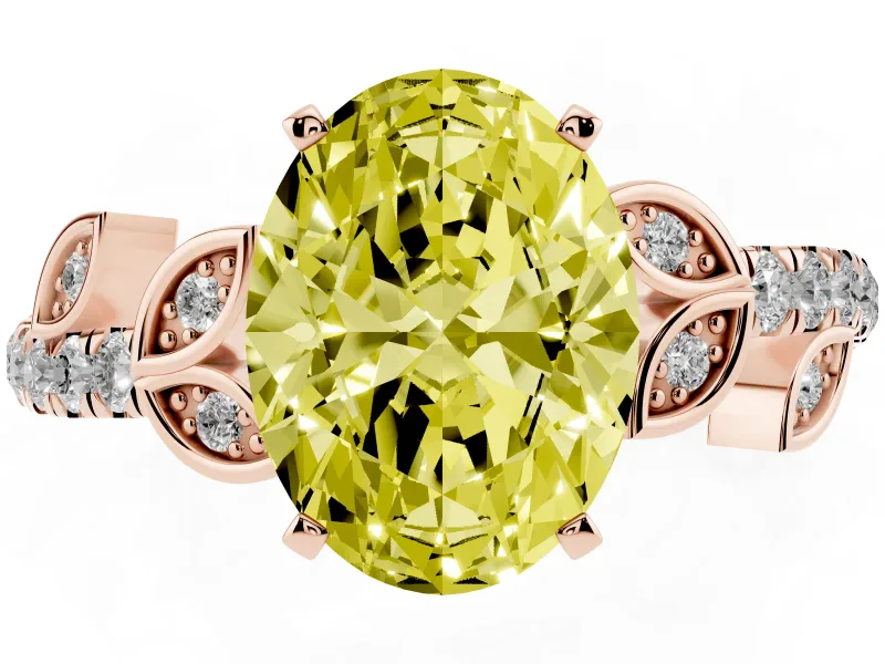 Fancy Yellow Oval Cut Diamond Solitaire Leaf-Inspired Ring Set in Rose gold with Pavé Band and Prong Setting