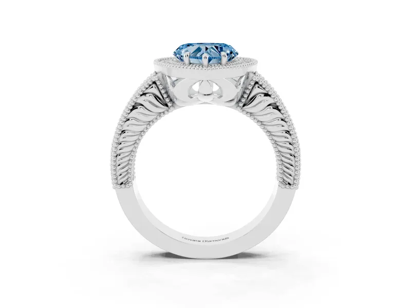 Fancy Blue Heart Cut Diamond Halo Ring Set in Silver with Round Accent Halo, Pavé Band and Prong Setting