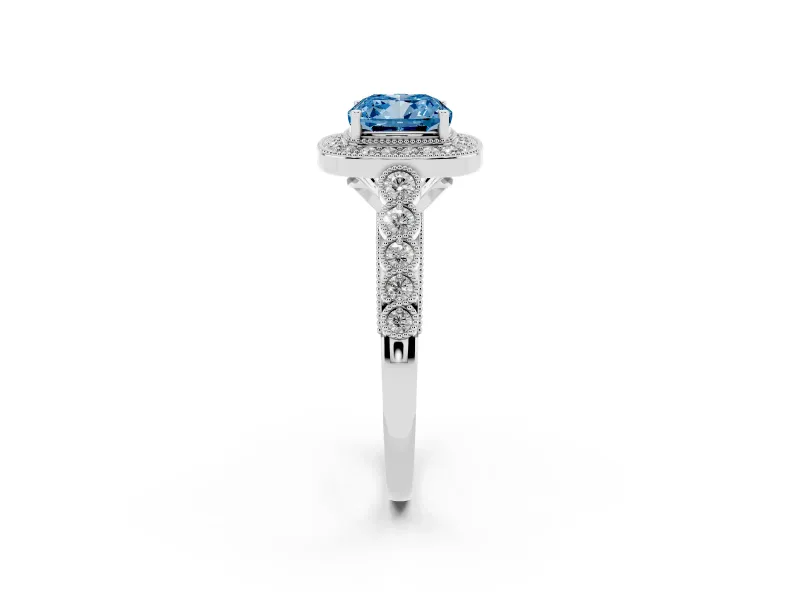 Cushion Cut Graduated Milgrain Halo Engagement Ring Setting for a Fancy Blue Lab-Grown Diamond | White Gold