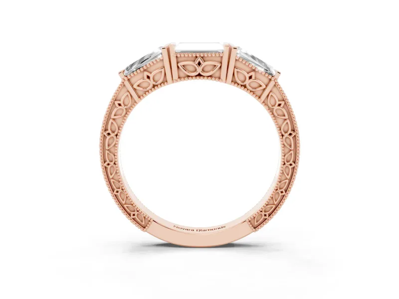 Baguette and Pear-Shaped Lab-Grown Diamond Milgrain Wedding Band | Chevron Sides | Rose Gold