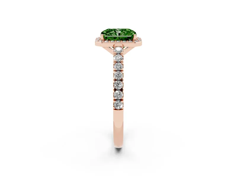 Fancy Green Radiant Cut Diamond Halo Engagement Ring Set in Rose gold with Pavé Band and Prong Setting