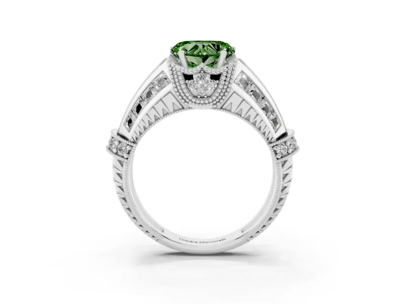 Fancy Green Heart Cut Diamond Vintage-Inspired Milgrain Ring Set in Silver with Accent Split Shank