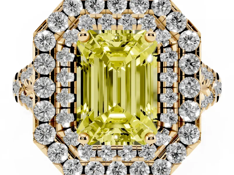 Emerald Cut Halo Split Shank Engagement Ring Setting for a Fancy Yellow Lab-Grown Diamond | Yellow Gold
