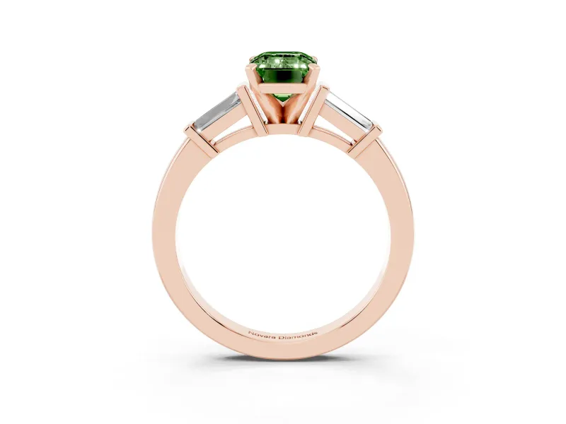 Fancy Green Emerald Cut Diamond Solitaire Ring Set in Rose gold with Tapered Baguette Accents and Prong Setting