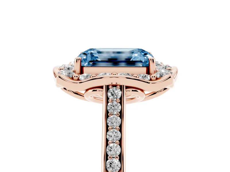 Emerald Cut Halo Engagement Ring Setting for a Fancy Blue Lab-Grown Diamond | Petal Tips | Rose Gold
