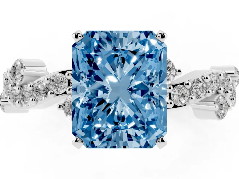 Fancy Blue Radiant Cut Diamond Solitaire Twisted Band Set in Platinum with Pavé Setting