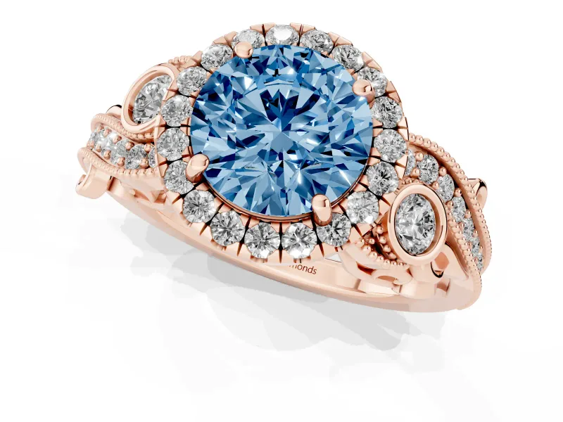 Fancy Blue Round Cut Diamond Halo Ring Set in Rose gold with Milgrain Pavé Band and Prong Setting