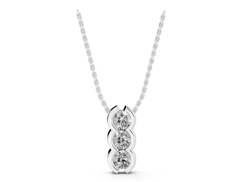 Round Lab-Grown Diamond Three-Stone Vertical Pendant Necklace | Scalloped Rails | White Gold