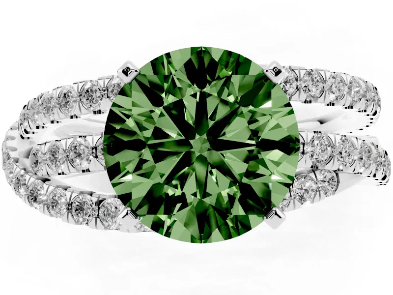 Fancy Green Round Cut Diamond Solitaire Twist Band Ring Set in White gold with Pavé Setting and Prong Head