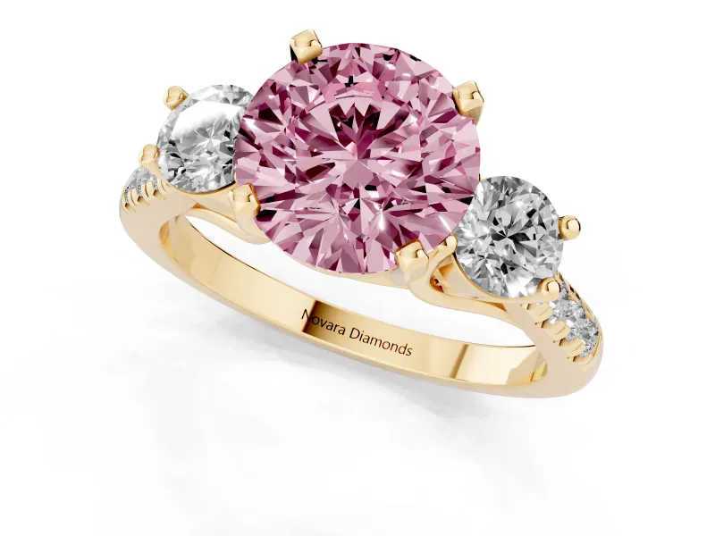 Round Three-Stone Engagement Ring Setting for a Fancy Pink Lab-Grown Diamond | Yellow Gold