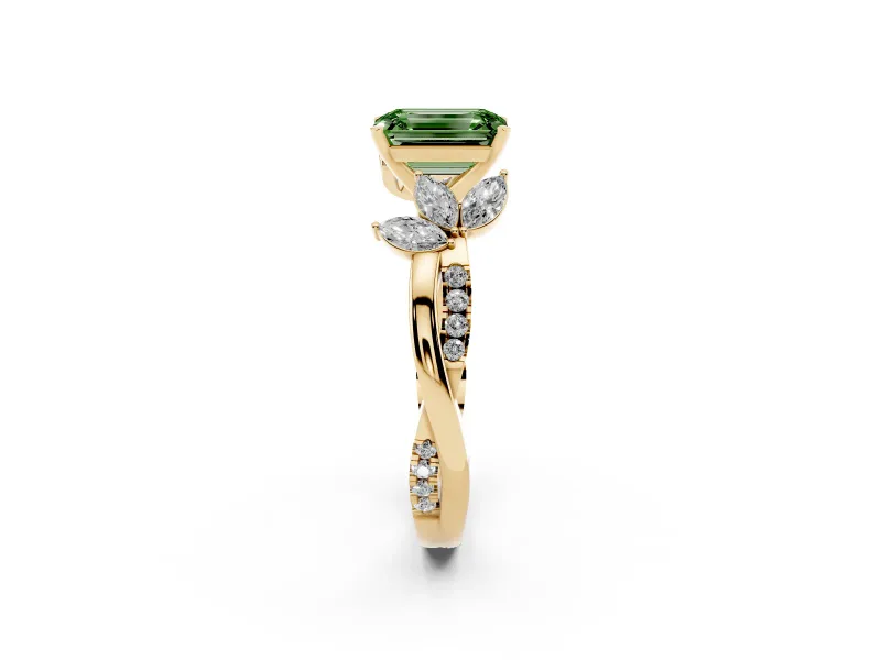 Fancy Green Emerald Cut Diamond Floral Vine Solitaire Engagement Ring Set in Yellow gold with Marquise Leaves