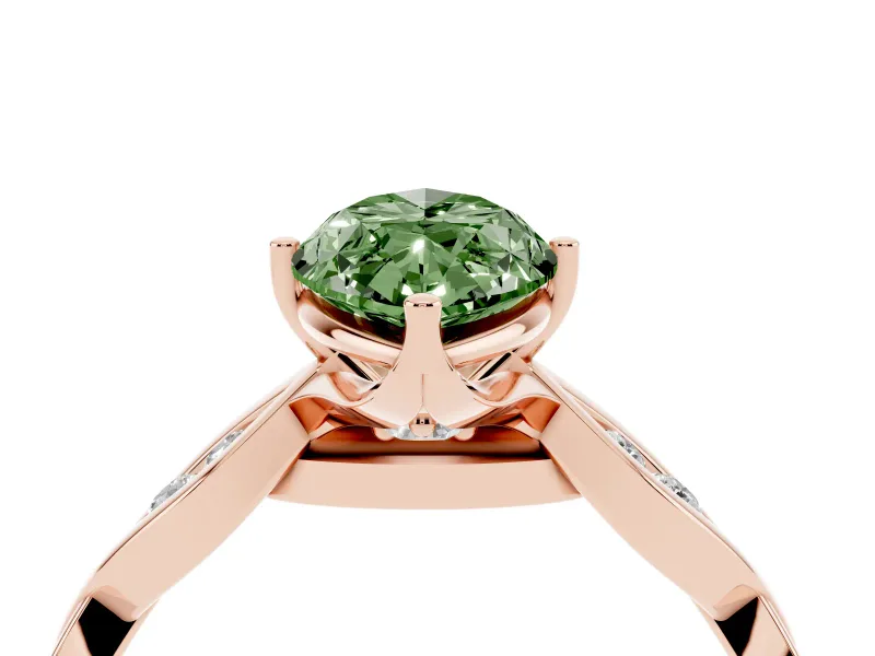 Fancy Green Marquise Cut Diamond Twist Band Solitaire Ring Set in Rose gold with Leaf Prong Setting and Accent Stones