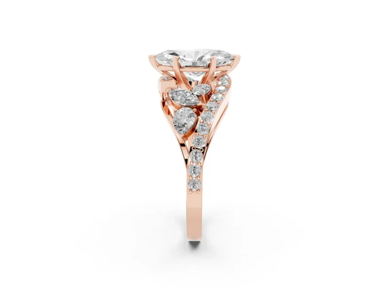Marquise Cut Diamond Halo Ring Set in Rose gold with Marquise and Pavé Band in Prong Setting
