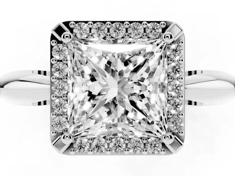 Princess Cut Diamond Halo Engagement Ring Set in Silver with Plain Split Shank and Prong Setting