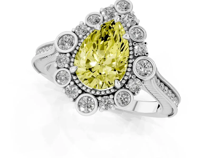 Fancy Yellow Pear Cut Diamond Halo Milgrain Pavé Ring Set in Silver with Prong Setting