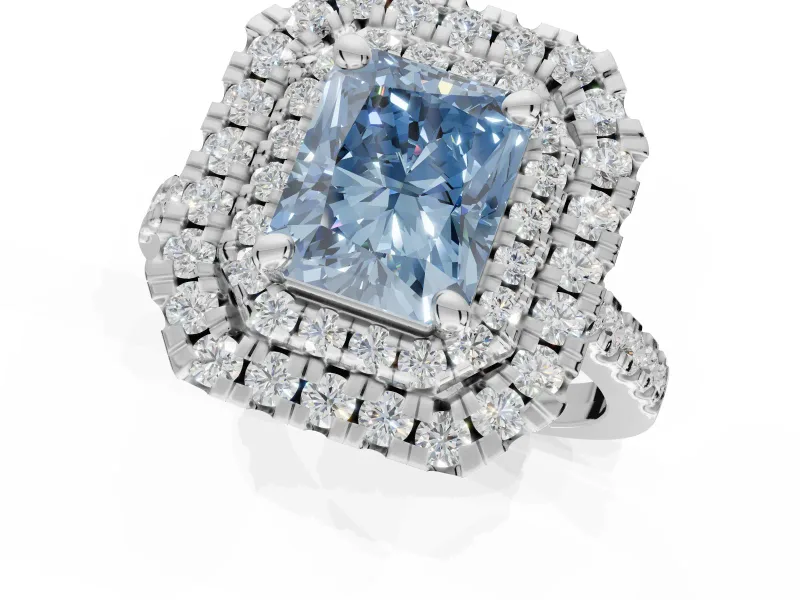 Radiant Cut Double Halo Engagement Ring Setting for a Fancy Blue Lab-Grown Diamond | Pave Shoulders | Sterling Silver
