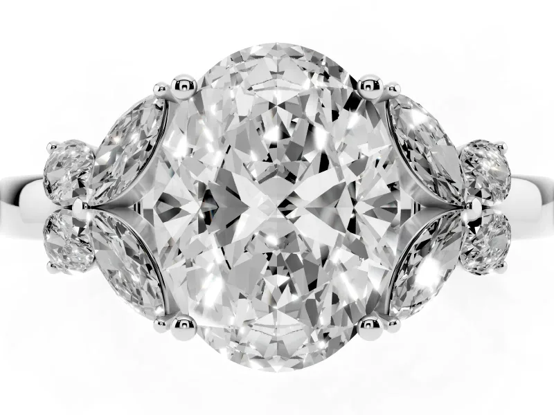 Oval Petal Accent Engagement Ring Setting | Marquise and Round Sides | Platinum