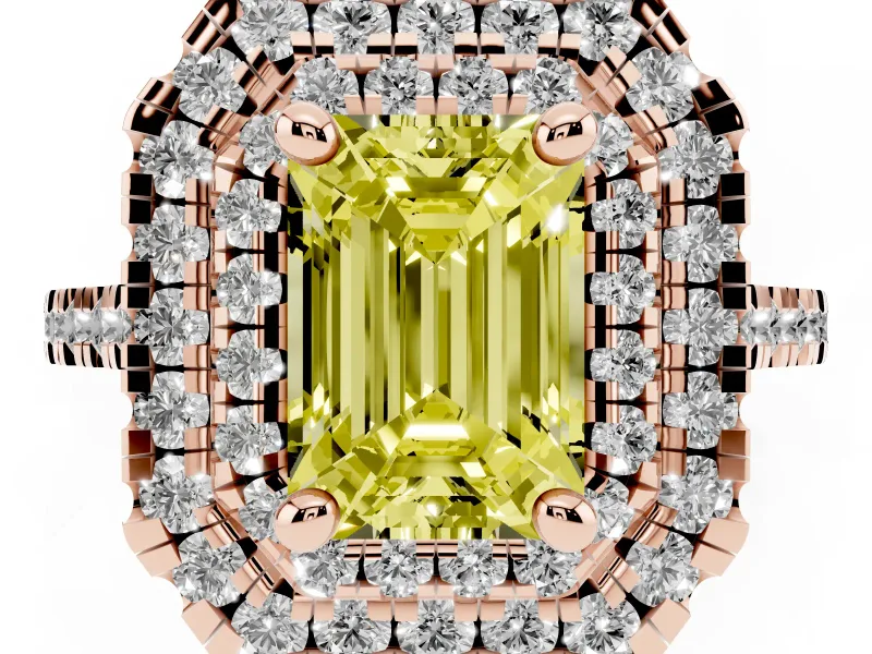 Fancy Yellow Emerald Cut Diamond Double Halo Statement Ring Set in Rose gold with Pavé Band
