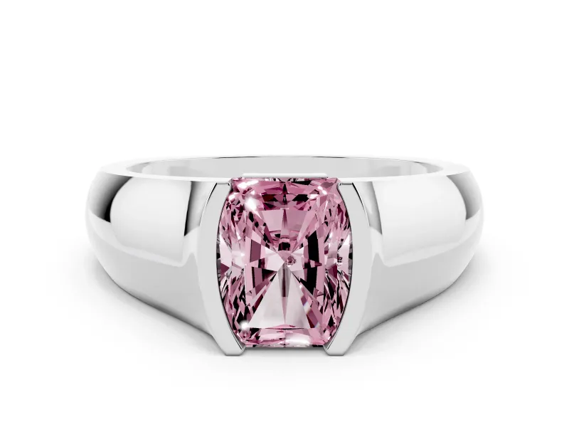 Fancy Pink Radiant Cut Diamond Bezel Solitaire Ring Set in White gold with Wide Band