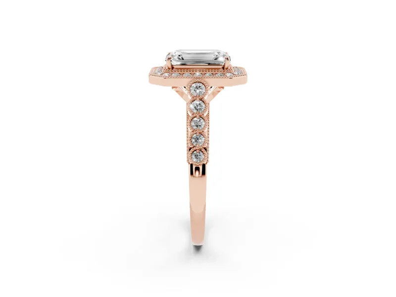 Emerald Cut Milgrain Halo Engagement Ring Setting | Graduated Bezel Accents | Rose Gold