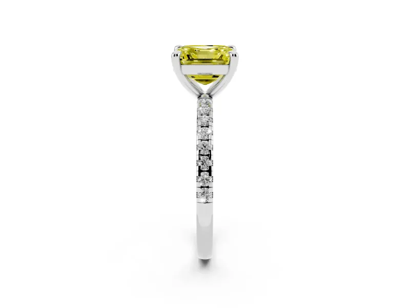 Fancy Yellow Asscher Cut Diamond Brilliant Solitaire Ring Set in White gold with Pavé Band and Prong Setting