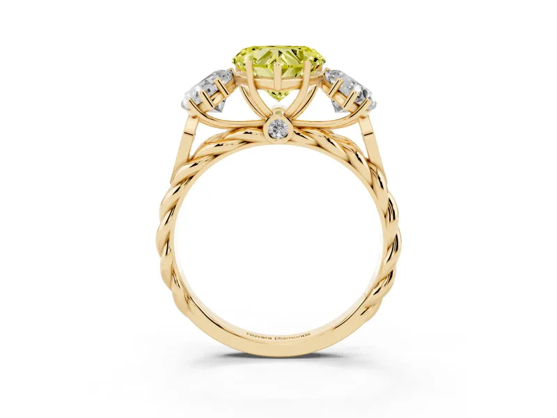 Heart-Shaped Three Stone Engagement Ring Setting for a Fancy Yellow Lab-Grown Diamond | Braided Band | Yellow Gold