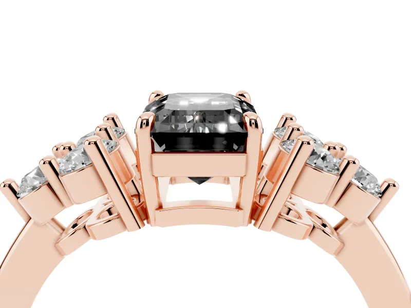 Emerald Cut Cluster Side Stone Engagement Ring Setting for a Black Center | Plain Band | Rose Gold