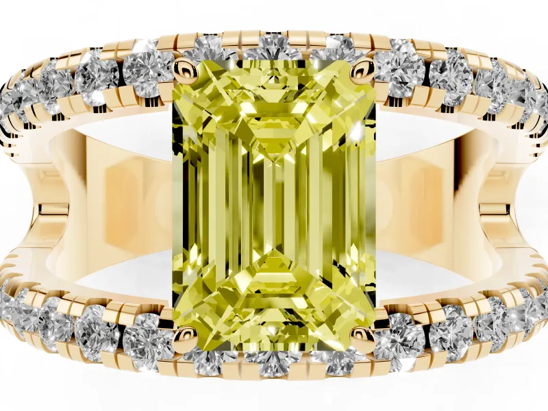 Emerald Cut Split Shank Pavé Engagement Ring Setting for a Fancy Yellow Lab-Grown Diamond | Yellow Gold