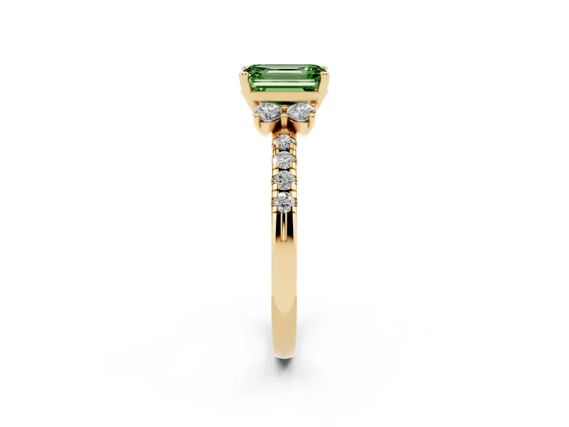 Emerald Cut Side Stone Engagement Ring Setting for a Fancy Green Lab-Grown Diamond | Pave Band | Yellow Gold