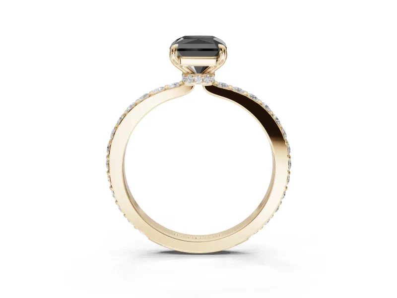 Radiant Cut Hidden Halo Engagement Ring Setting for a Black Center | Pavé Band | Yellow Gold